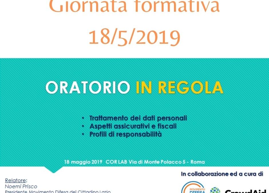 Giornata formativa – ORATORIO IN REGOLA presso CENTRO ORATORI ROMANI 18/5/2020